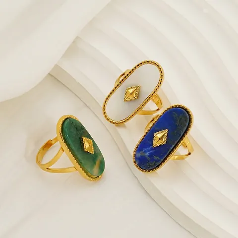 Anillo Ovalado Estilo Francés Vintage Mujeres Acero Inoxidable Chapado Oro Piedra Natural Concha Ajustable Joyería