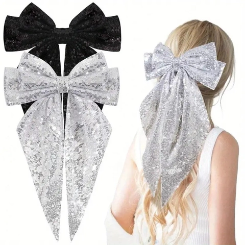 Fermaglio Per Capelli Con Fiocco Grande Di Paillettes Nastro Lungo In Tessuto Scintillante Clip A Molla Per Festa Natale Matrimonio