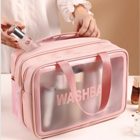 Portable Large Capacity Toiletry Bag Waterproof PU Leather Double Layer Dry Wet Separation Travel Makeup Organizer