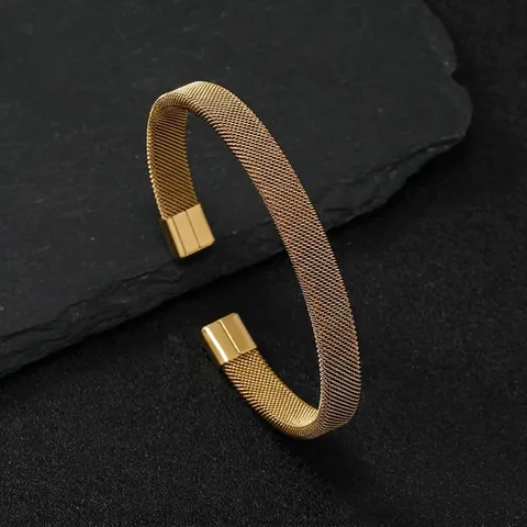 Bracciale A Fascia In Maglia Milanese Acciaio Inossidabile Bangle Aperto Piatto Gioielli Moda