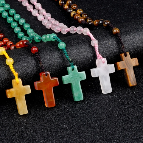 Collar con Colgante de Cruz de Piedra de Ágata de Cristal Natural Cuentas Redondas Tejidas a Mano Joyería Religiosa Unisex