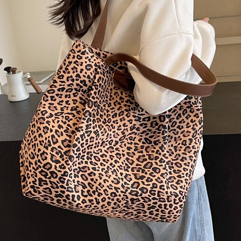 Borsa Tote In Tela Con Stampa Leopardata E Mucca Grande Capacità Borsa A Spalla Casual Morbida Per Donna