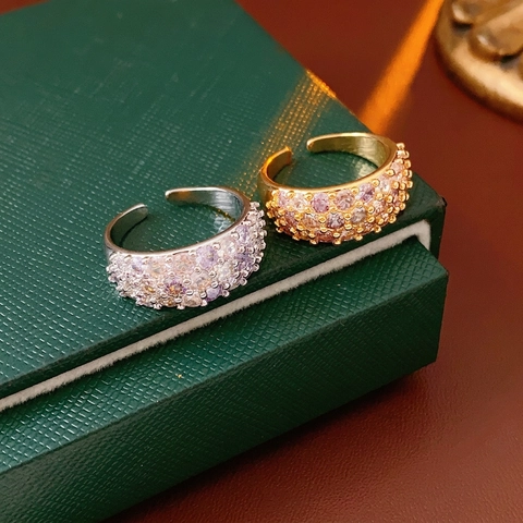 Verstellbarer Offener Zeigefingerring Kupfer 18K Vergoldet Mehrreihig Pavé Lila Weiß Zirkonia Luxus Palast Stil Schmuck