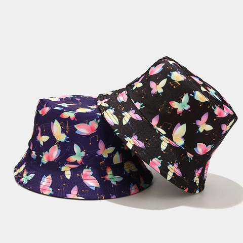 Reversible Bucket Hat Polyester Butterfly Musical Note Print Summer Sun Protection Outdoor Fashionable Unisex
