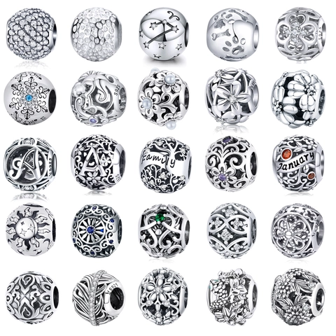925 Sterling Silver Hollow Charm Beads For Bracelets DIY Jewelry Making Flower Heart Snowflake Zodiac Zirconia Decorative