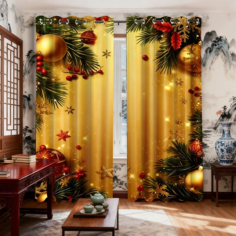 Cortina De Ducha Impresa En 3D De Navidad Tela De Poliéster Impermeable Con Ojales Decoración Floral Dorada Para El Hogar