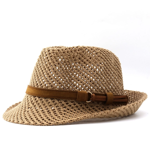 Zomer Zonbescherming Fedora Hoed Hol Uit Ademend Stro Textuur Jazz Hoed Met Decoratieve Riem Voor Mannen Vrouwen