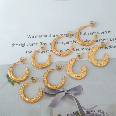 Pendientes de Aro Minimalistas de Acero Inoxidable en Forma de C para Mujer Moda Galvanizada Oro Plata Joyas Geométricas Texturizadas
