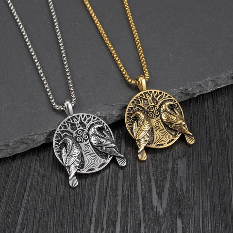 Collar Con Colgante De Cuervo Vikingo Árbol De La Vida Retro Acero Inoxidable Joyería Hip Hop Nórdica Para Hombre