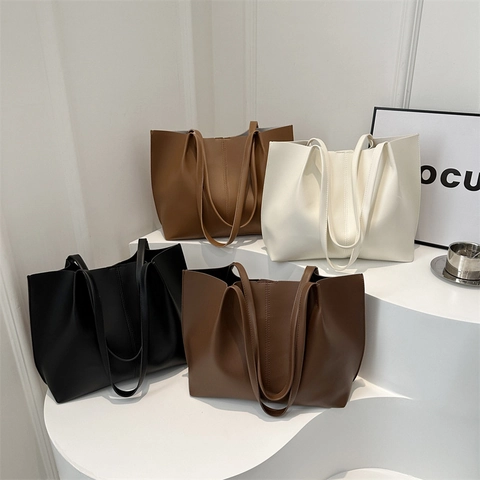 Bolso Tote De Cuero PU Para Mujer Gran Capacidad Bolso De Hombro Casual Para Diario Color Sólido Minimalista