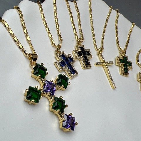 Vintage Cross Pendant Necklace Gold Plated Copper Colorful Square Zirconia Religious Jewelry For Women Fashion Accessory