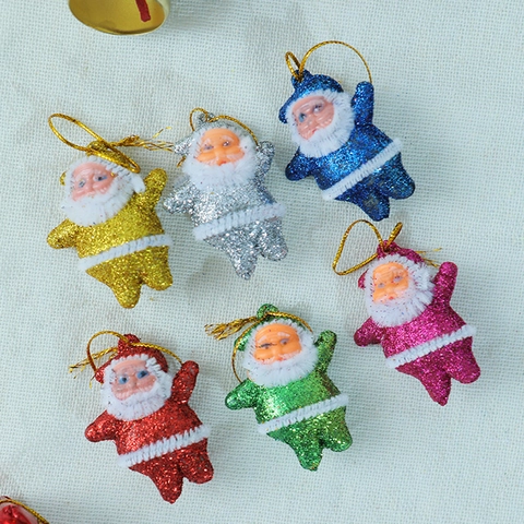 Santa Claus Hanging Ornaments Plastic Flocking Glitter Christmas Tree Decorative Miniature Dolls With Hanging Rope
