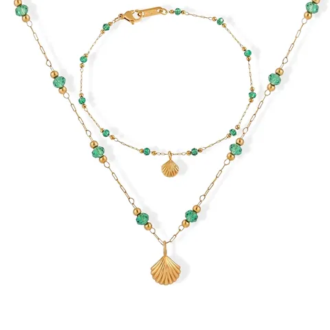 Franse Vintage Schelp Ketting En Armband Smaragdgroene Zirkoon Titanium Staal 18K Verguld Schelphanger Voor Dames