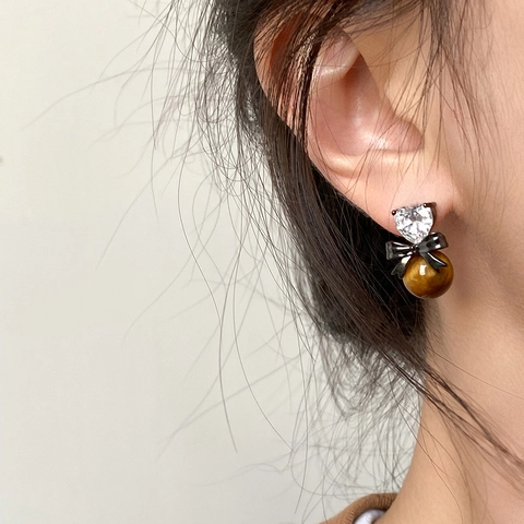 Vintage Heart Zircon Bow Tiger Eye Stud Earrings With 925 Sterling Silver Earring Post Retro Maillard Style Women