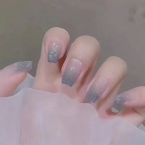 Uñas Postizas De Presión Con Degradado Ombré Forma Ataúd Purpurina Brillante Mediano Largo Puntas Manicura Mujer