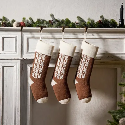 Calza Di Natale In Maglia Design Intarsio Fiocco Di Neve Decorazione Camino Casa Vintage Sacchetto Di Caramelle Festivo