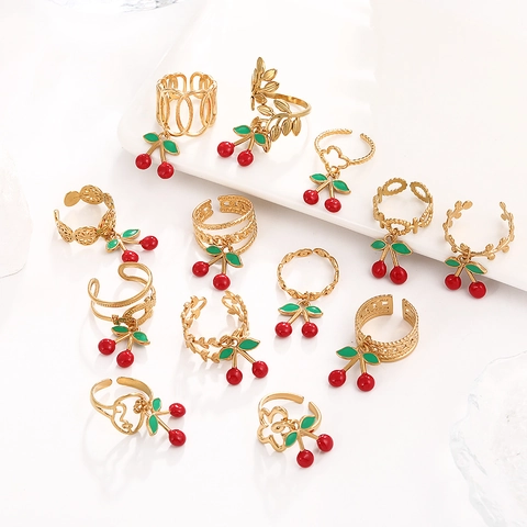 Anillo Abierto Con Colgante De Cereza Acero Inoxidable 316L Chapado En Oro 18K Esmalte Fruta Ajustable Joyería Mujer