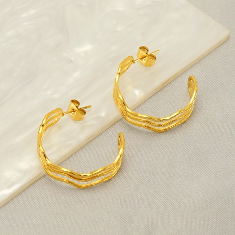 C-Shaped Hoop Earrings Stainless Steel 18k Gold Plated Irregular Wave Textured Multi-Layer Fashion Jewelry For Women