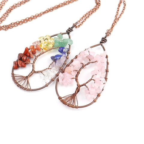 Tree Of Life Pendant Necklace Handmade Copper Wire Wrapped Teardrop Natural Stone Crystal Jewelry For Women Bohemian Style