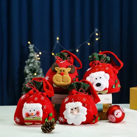 Christmas Drawstring Gift Bags Santa Snowman Reindeer Plush Felt Candy Pouch Holiday Party Decor For Kids
