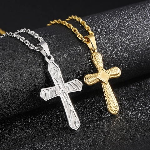 Collier Pendentif Croix Acier Inoxydable Texturé Géométrique Bijoux Hip Hop Pour Hommes Femmes Chaîne Torsadée Style Minimaliste
