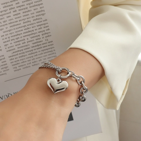 Stainless Steel Heart Pendant Bracelet For Women Hip Hop Chunky Chain Layered Heart Bracelet Ins Style Jewelry Accessory