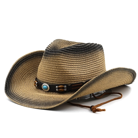 Cowboy Hat Paper Straw Ombre Gradient Wide Brim Sun Protection Beach Panama With Wood Beads Turquoise Adjustable Strap