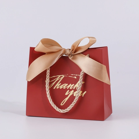 Wedding Candy Gift Bags With Ribbon Bow And Handle Cardstock Gold Foil Thank You Print Party Favor Packaging