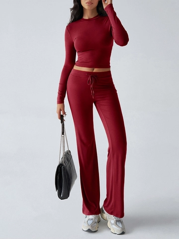 Damen Lounge Oberteil Und Hose Viskose Elasthan Rippstrick Langarm Und Kordelzug Hose Mit Hoher Taille Casual