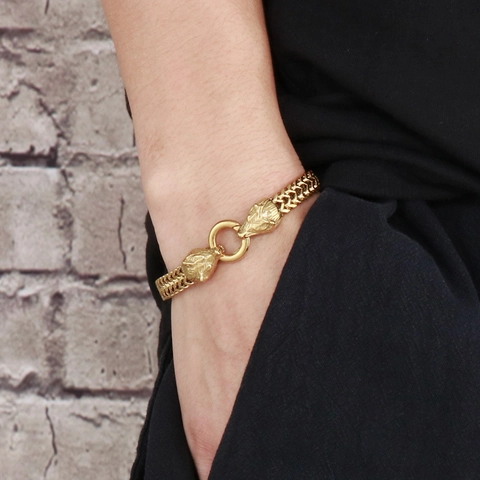 Bracciale Doppia Testa Di Lupo Da Uomo Acciaio Inossidabile 316L Catena Intrecciata Punk Hip Hop Stile Vichingo Gioielli Oro Argento Nero