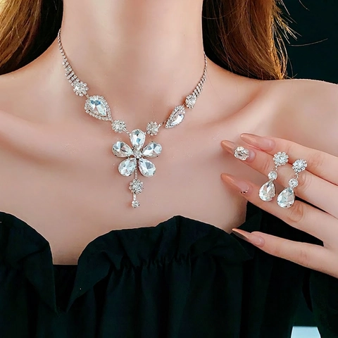 Floral Rhinestone Jewelry Set Silver Plated Copper Necklace Waterdrop Earrings For Women Wedding Party Luxury Sparkling