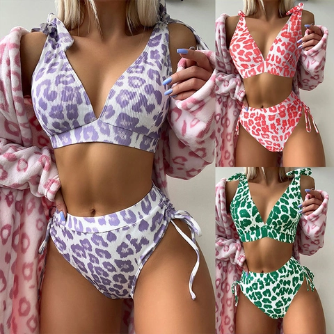 Women Leopard Print Ribbed Bikini Top And High Waisted Bottoms Shoulder Tie V Neck Swimsuit Beachwear Bathing Suit