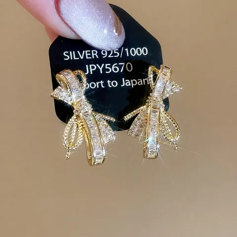 Elegant Bowknot Stud Earrings Gold Plated Copper Pave Zircon With Silver Earring Post Fashionable Jewelry For Women