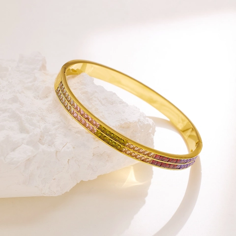 Rainbow Zircon Bangle Ring Jewelry Titanium Steel 18K Gold Plated Double Row Square Cut For Women