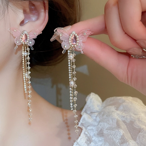 Pink Butterfly Long Tassel Dangle Earrings Alloy Sparkling Rhinestone Artificial Pearl With Silver Earring Post Sweet Elegant For Women