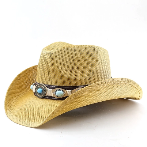 Western Cowboy Straw Hat With Turquoise Decorative Belt Wide Brim Sun Protection Bohemian Vintage Beach Sun Hat For Women Men