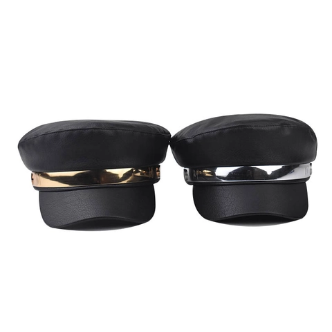 Cappello Da Marinaio In Pelle PU Da Donna Berretto Baker Boy Vintage Stile Britannico Con Fascia In Metallo E Decorazione Lettere