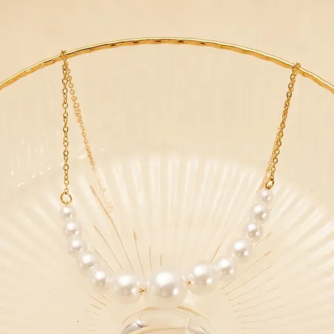 Elegant Faux Artificial Pearl Necklace For Women 18K Gold Plated Stainless Steel Gradient Bead Clavicle Chain Minimalist Jewelry Gift