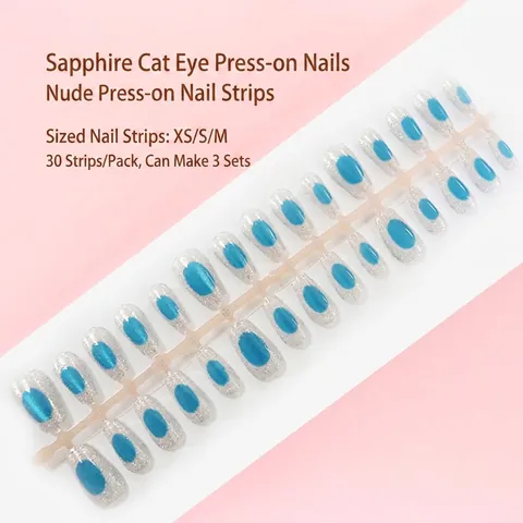 Blue Sapphire Cat Eye Press On Nails Silver Glitter Gradient Short Square Round Artificial Fake Fingernails For Women Elegant Luxury