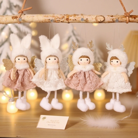 Christmas Angel Plush Hanging Ornaments With Lace Dress Reindeer Antlers Rabbit Ears Glitter Wings Tree Decor Festive