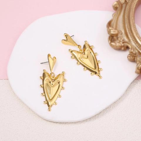 French Retro Stainless Steel Heart Shape Drop Earrings For Women Beaded Edge Heart-to-Heart Dangle Earrings Fashion Jewelry