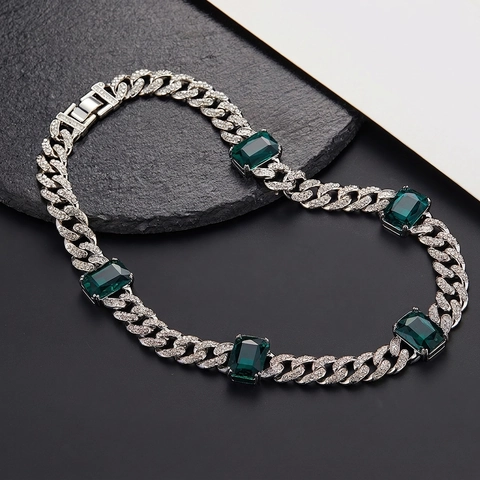 Iced Out Cuban Link Halskette Und Armband Smaragdgrün Rechteckiger Zirkon Legierung Strass Hip Hop Miami Stil Schmuck