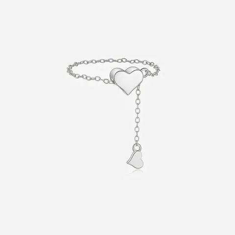Elegant S925 Sterling Silver Adjustable Heart Chain Ring Dainty Zirconia Love Charm Open Finger Ring For Women Jewelry Gift