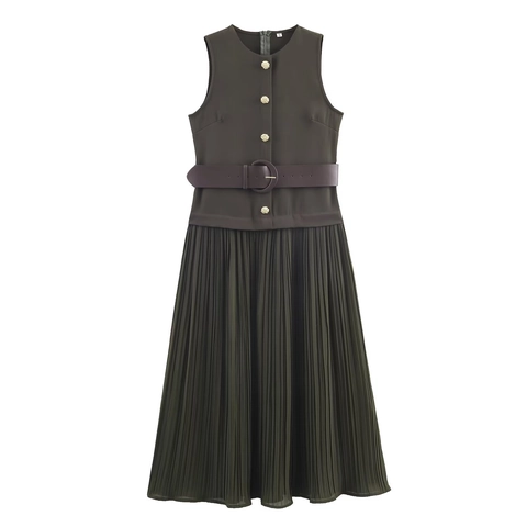 Sleeveless Pleated Midi Dress With Belt Round Neck Solid Color Polyester Elegant Outfit For Women Army Green