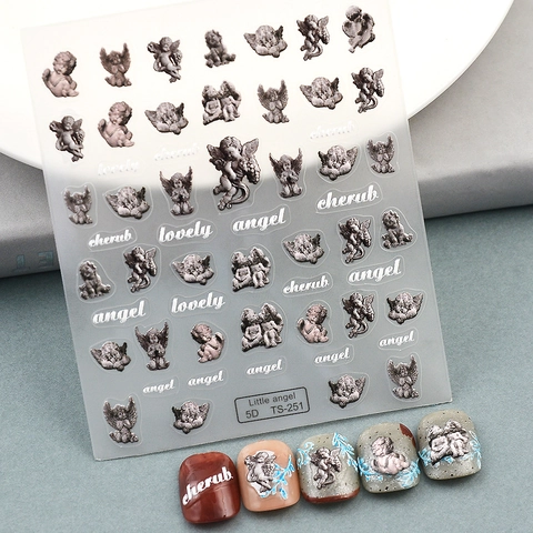 Autocollants Ongles Relief 5D Motifs Ange Chérubin Vintage Style Baroque Rococo Décorations Manucure Adhésives