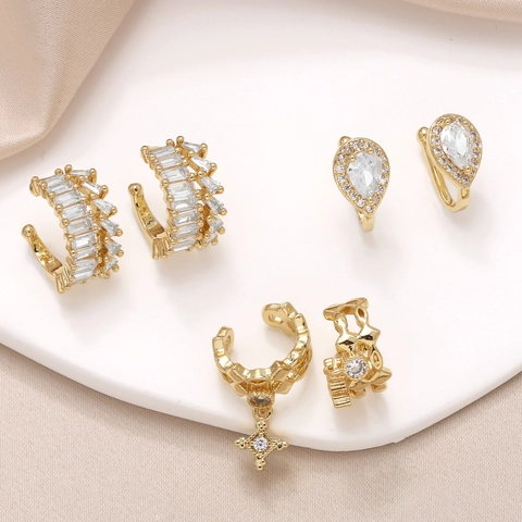 18K Gold Plated Copper Ear Cuff C Shaped Earrings Zircon Star Cross Charms Minimalist Jewelry For Women Fashion Accessory