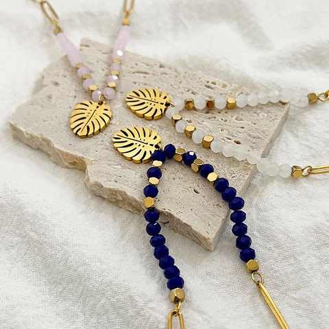 Bohemian Monstera Leaf Pendant Necklace Gold Plated Stainless Steel Beaded Paperclip Chain For Women Tropical Style