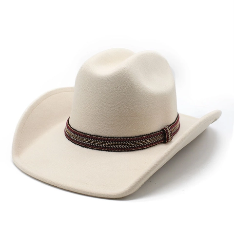 Chapeau De Cow-Boy Occidental Feutre De Laine Large Bord Bande Tissée Ethnique Style Fedora Pour Hommes Femmes