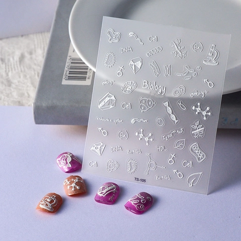 Pegatinas Uñas Ciencia Biología 5D Relieve Calcomanías Grabadas ADN Célula Microscopio Patrón Manicura Decoración Mujeres
