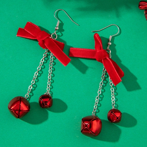 Christmas Drop Earrings With Alloy Velvet Bow And Plush Ball Red Green Bell Dangle Holiday Party Festive Cute Style For Women